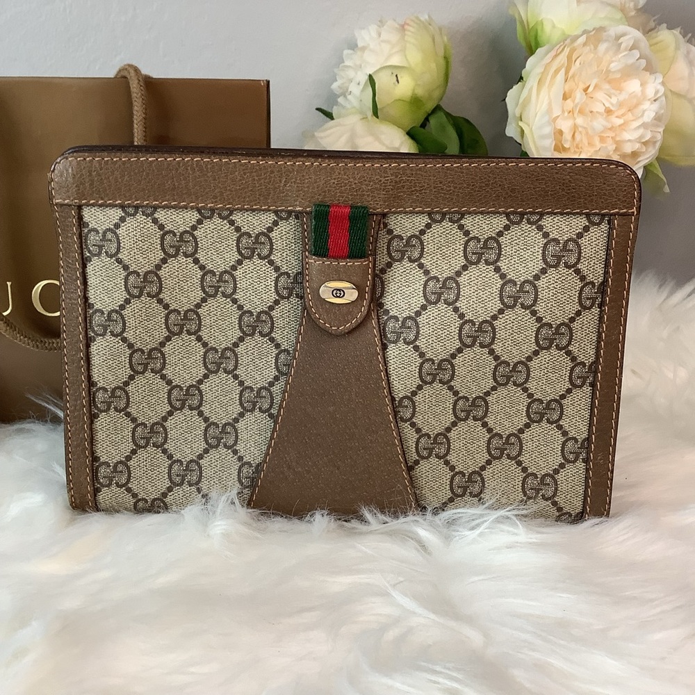 🛍GUCCI Gg Canvas Beige Red Green Bag Clutch🛍